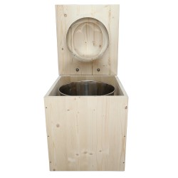 Toilette sèche rehaussée en bois complète avec seau inox et bavette inox - abattant en forme de D, déclipsable et frein de chute