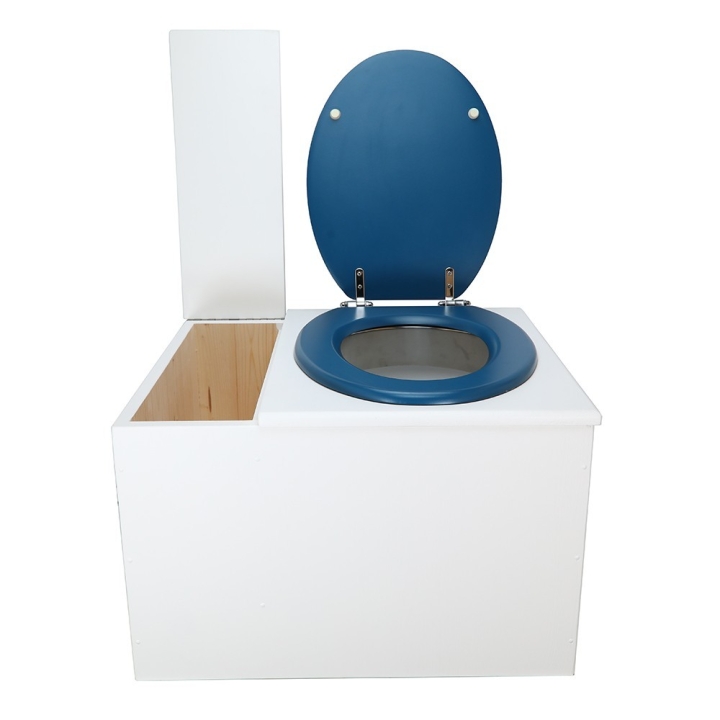  Toilette sèche avec bac à copeaux de bois. peinte en blanc. abattant bleu nuit. Livrée avec bavette inox et seau 22 litres