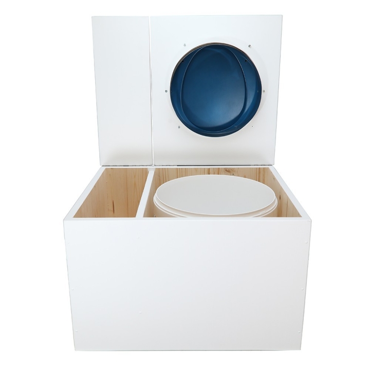  Toilette sèche avec bac à copeaux de bois. peinte en blanc. abattant bleu nuit. Livrée avec bavette inox et seau 22 litres