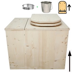 Toilette sèche rehaussée avec bac à copeaux de bois, avec bavette inox, seau inox et abattant D déclipsable