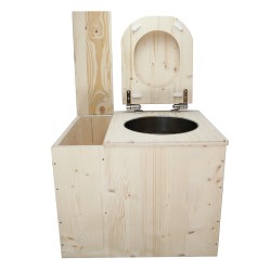 Toilette sèche rehaussée avec bac à copeaux de bois, avec bavette inox, seau inox et abattant D déclipsable
