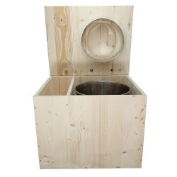Toilette sèche rehaussée avec bac à copeaux de bois, avec bavette inox, seau inox et abattant D déclipsable