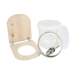 Kit fabrication toilette sèche auto-constructeur DIY - abattant forme "D" brut, seau 20L plastique, bavette Ø28cm, pelle