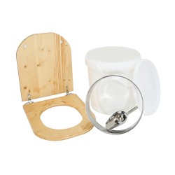 Kit fabrication toilette sèche auto-constructeur DIY - abattant forme "D" huilé, seau 20L plastique, bavette Ø28cm, pelle