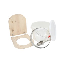 Kit fabrication toilette sèche auto-constructeur DIY - abattant forme "D" brut, seau 22L plastique, bavette Ø28cm, pelle
