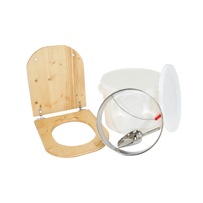 Kit fabrication toilette sèche auto-constructeur DIY - abattant forme "D" huilé, seau 22L plastique, bavette Ø28cm, pelle Kit fabrication toilette sèche auto-constructeur DIY - abattant forme "D" huilé, seau 22L plastique, bavette Ø28cm, pelle