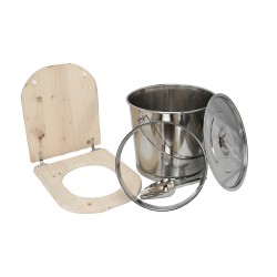 Kit fabrication toilette sèche auto-constructeur DIY - abattant forme "D" brut, seau 22L inox, bavette Ø28cm, pelle