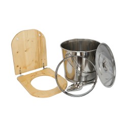 Kit fabrication toilette sèche auto-constructeur DIY - abattant forme "D" huilé, seau 22L inox, bavette Ø28cm, pelle