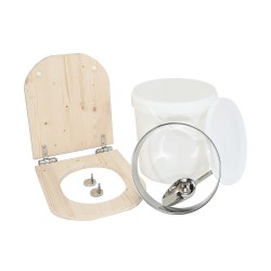 Kit fabrication toilette sèche auto-constructeur DIY - abattant forme "D" brut déclipsable, seau 20L, bavette Ø28cm, pelle