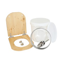 Kit fabrication toilette sèche auto-constructeur DIY - abattant forme "D" huilé déclipsable, seau 20L, bavette Ø28cm, pelle