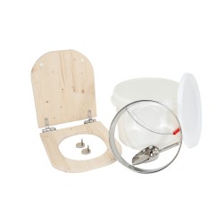 Kit fabrication toilette sèche auto-constructeur DIY - abattant forme "D" brut déclipsable, seau 22L, bavette Ø28cm, pelle
