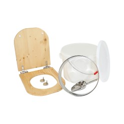 Kit fabrication toilette sèche auto-constructeur DIY - abattant forme "D" huilé déclipsable, seau 22L, bavette Ø28cm, pelle