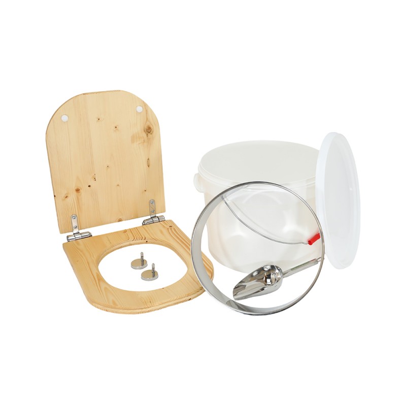 Kit fabrication toilette sèche auto-constructeur DIY - abattant forme "D" huilé déclipsable, seau 22L, bavette Ø28cm, pelle Kit fabrication toilette sèche auto-constructeur DIY - abattant forme "D" huilé déclipsable, seau 22L, bavette Ø28cm, pelle
