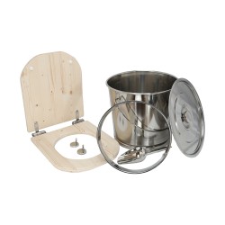 Kit fabrication toilette sèche auto-constructeur DIY - abattant forme "D" brut déclipsable, seau inox, bavette Ø28cm, pelle