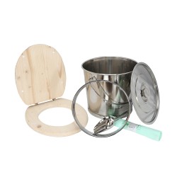 Kit pour fabrication toilette sèche avec seau inox, abattant bois brut, bavette inox, couvercle, pelle, sacs