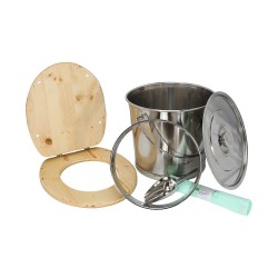 Kit pour fabrication toilette sèche avec seau inox, abattant huilé, bavette, pelle, couvercle, sacs compostables