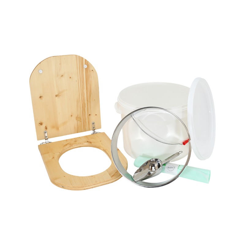 Kit fabrication toilette sèche auto-constructeur DIY - abattant forme "D" huilé, seau 22L plastique, bavette, pelle, sacs Kit fabrication toilette sèche auto-constructeur DIY - abattant forme "D" huilé, seau 22L plastique, bavette, pelle, sacs