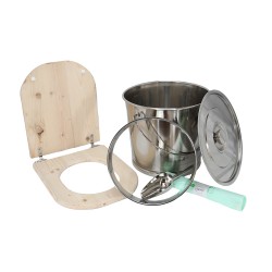 Kit fabrication toilette sèche auto-constructeur DIY - abattant forme "D" brut, seau 22L inox, bavette Ø28cm, pelle, sacs