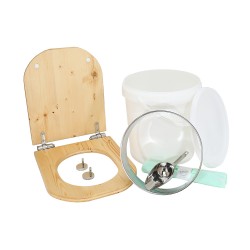 Kit fabrication toilette sèche auto-constructeur DIY - abattant forme "D" huilé déclipsable, seau 20L, bavette, pelle, sacs