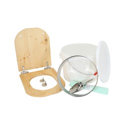 Kit fabrication toilette sèche auto-constructeur DIY - abattant forme "D" huilé déclipsable, seau 22L, bavette, pelle, sacs
