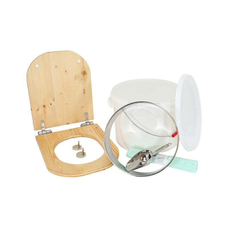 Kit fabrication toilette sèche auto-constructeur DIY - abattant forme "D" huilé déclipsable, seau 22L, bavette, pelle, sacs Kit fabrication toilette sèche auto-constructeur DIY - abattant forme "D" huilé déclipsable, seau 22L, bavette, pelle, sacs