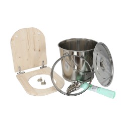 Kit fabrication toilette sèche auto-constructeur DIY - abattant forme "D" brut déclipsable, seau inox, bavette, pelle, sacs