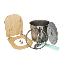 Kit fabrication toilette sèche DIY - abattant forme "D" huile déclipsable, seau inox, bavette, pelle, sacs, couvercle