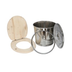 Kit pour fabrication toilette sèche avec seau inox, bavette inox, couvercle inox, abattant bois brut