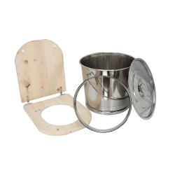 Kit fabrication toilette sèche auto-constructeur DIY - abattant forme "D" brut, seau 22L inox, bavette Ø28cm, couvercle