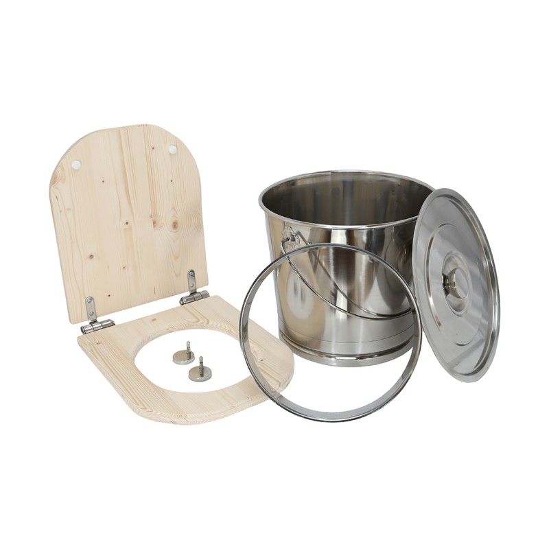 Kit fabrication toilette sèche auto-constructeur DIY - abattant forme "D" brut déclipsable, seau inox, bavette, couvercle Kit fabrication toilette sèche auto-constructeur DIY - abattant forme "D" brut déclipsable, seau inox, bavette, couvercle