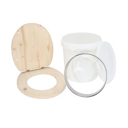 Kit fabrication toilette sèche DIY - abattant bois brut, seau 20L plastique, bavette Ø28cm