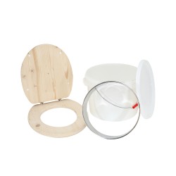Kit complet fabrication toilette sèche avec abattant bois brut, seau 22L, bavette inox
