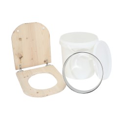 Kit fabrication toilette sèche auto-constructeur DIY - abattant forme "D" brut, seau 20L plastique, bavette Ø28cm