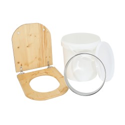Kit fabrication toilette sèche auto-constructeur DIY - abattant forme "D" huilé, seau 20L plastique, bavette Ø28cm