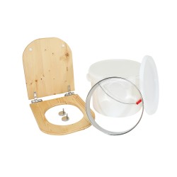 Kit fabrication toilette sèche auto-constructeur DIY - abattant forme "D" huilé déclipsable, seau 22L, bavette Ø28cm.