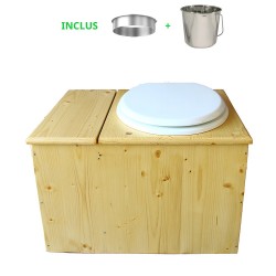 Toilette sèche huilée avec bac à copeaux de bois complète avec bavette inox Ø30cm et seau inox 14 litres - la bac blanche
