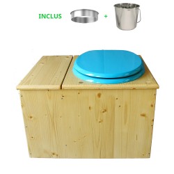 Toilette sèche huilée avec bac à copeaux de bois complète avec bavette inox Ø30cm et seau inox 14 litres - la bac bleu turquoise