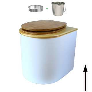 toilette sèche arrondie blanche avec couvercle huilé