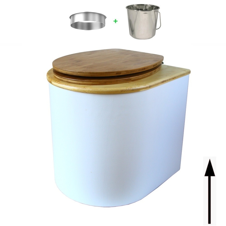 toilette sèche arrondie blanche avec couvercle huilé