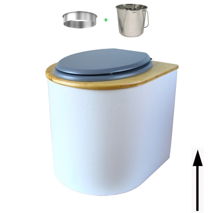 toilette sèche arrondie blanche avec couvercle huilé