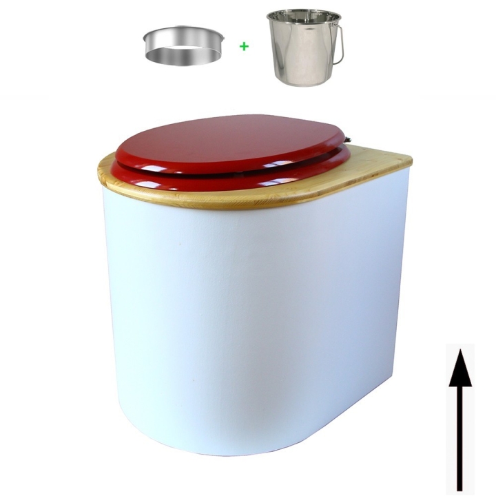 toilette sèche arrondie blanche avec couvercle huilé