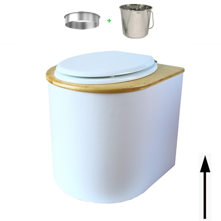 toilette sèche arrondie blanche avec couvercle huilé