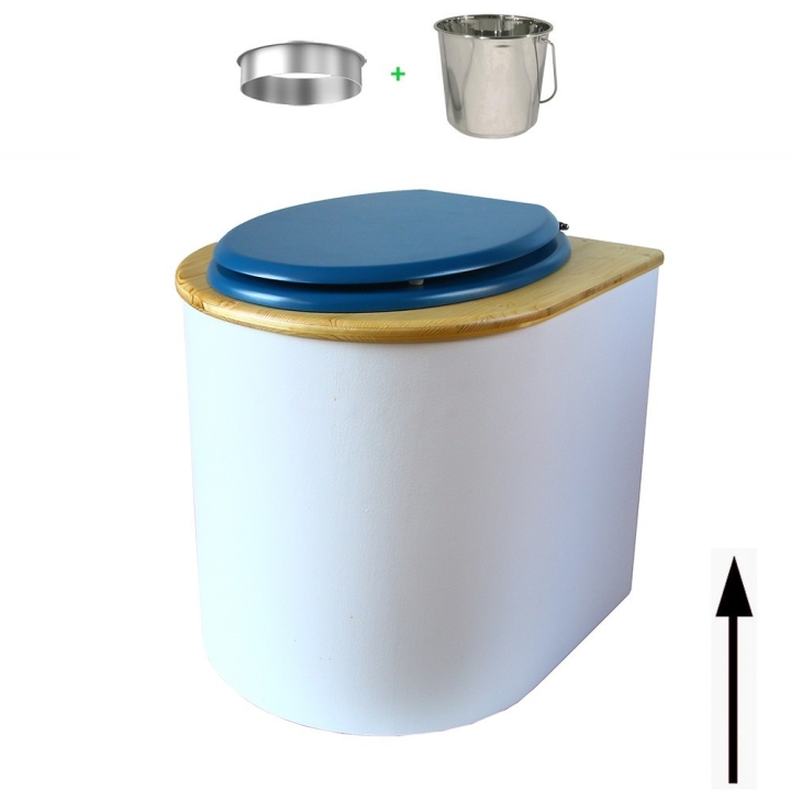toilette sèche rehaussée PMR arrondie blanche avec couvercle huilé