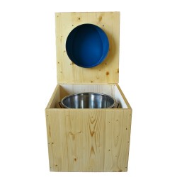 toilette sèche bois huilé avec seau inox 14 litres et bavette inox Ø30 cm - abattant bleu nuit