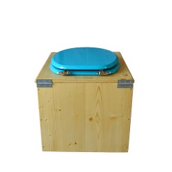 toilette sèche bois huilé avec seau inox 14 litres et bavette inox Ø30 cm - abattant bleu turquoise
