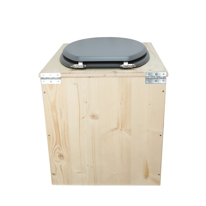  toilette sèche en bois avec seau inox et bavette inox avec abattant bois gris - modèle rehaussé PMR