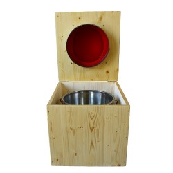 toilette sèche bois huilé avec seau inox 14 litres et bavette inox Ø30 cm - abattant rouge framboise