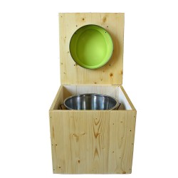 toilette sèche bois huilé avec seau inox 14 litres et bavette inox Ø30 cm - abattant vert pomme