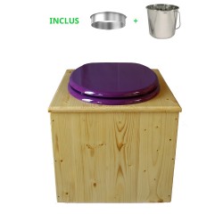 toilette sèche bois huilé avec seau inox 14 litres et bavette inox Ø30 cm - abattant violet prune