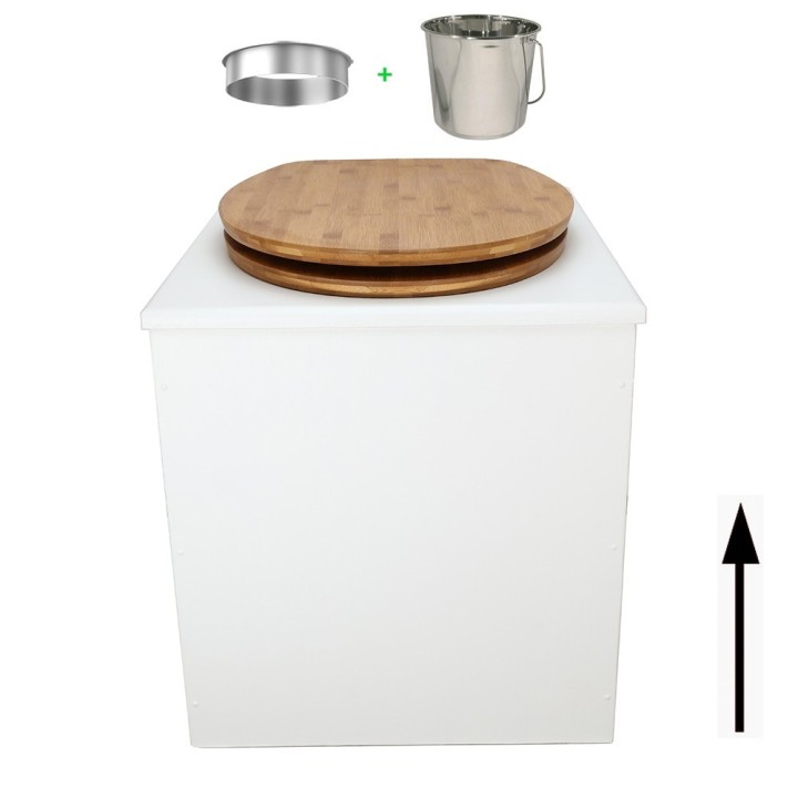 Toilette sèche rehaussée en bois blanc complète avec seau inox 22 litres et bavette inox Ø30 cm - abattant bambou